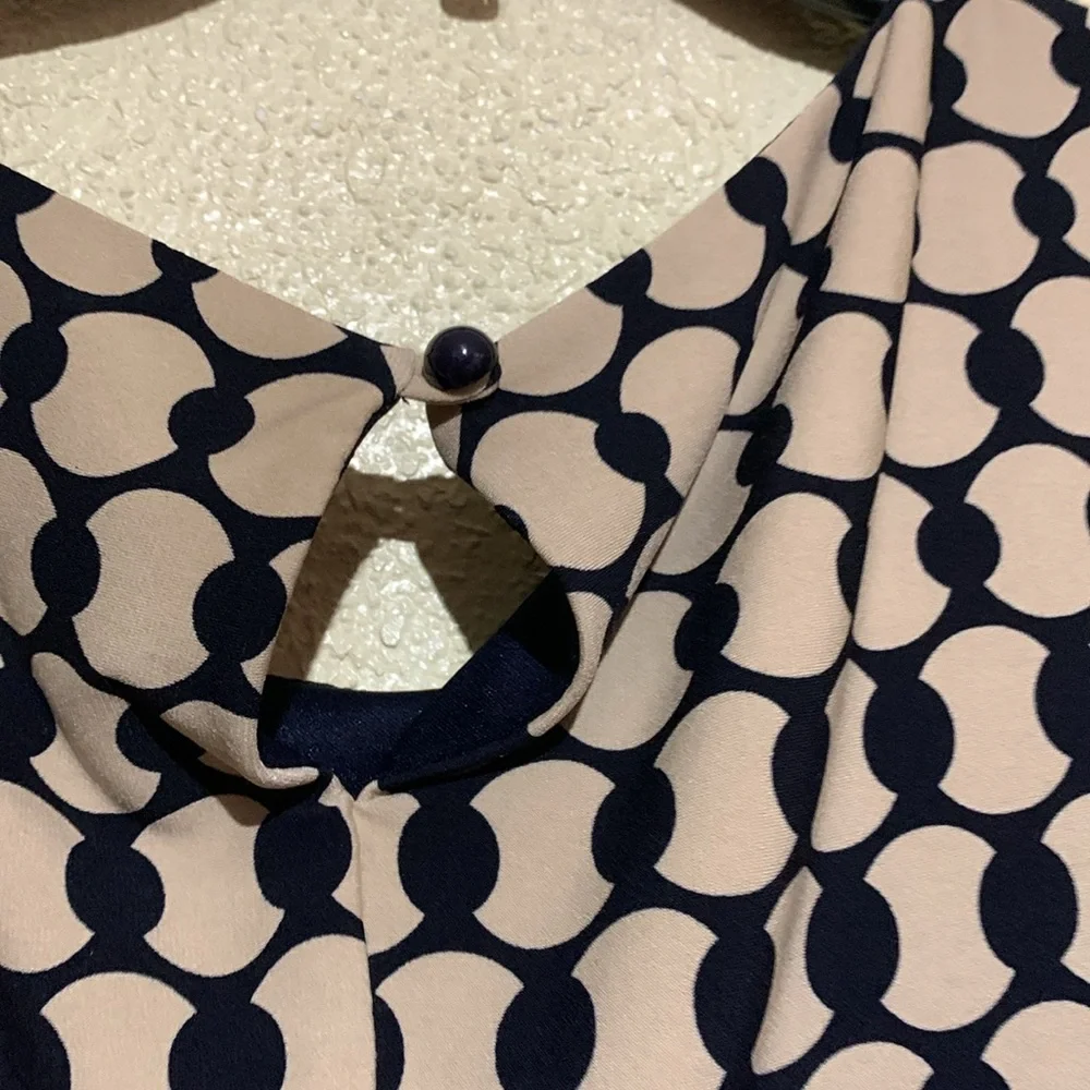 Connected Apparel Dress 8 Stretchy Tan Black Navy Pull Over Ruched Dots - Picture 16 of 16